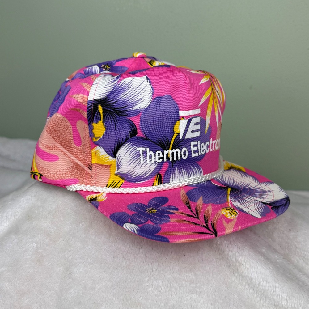 Vintage Thermo Electron Pink Floral Tropical Snapback Hat Rope Bill‎ San Sun Cap